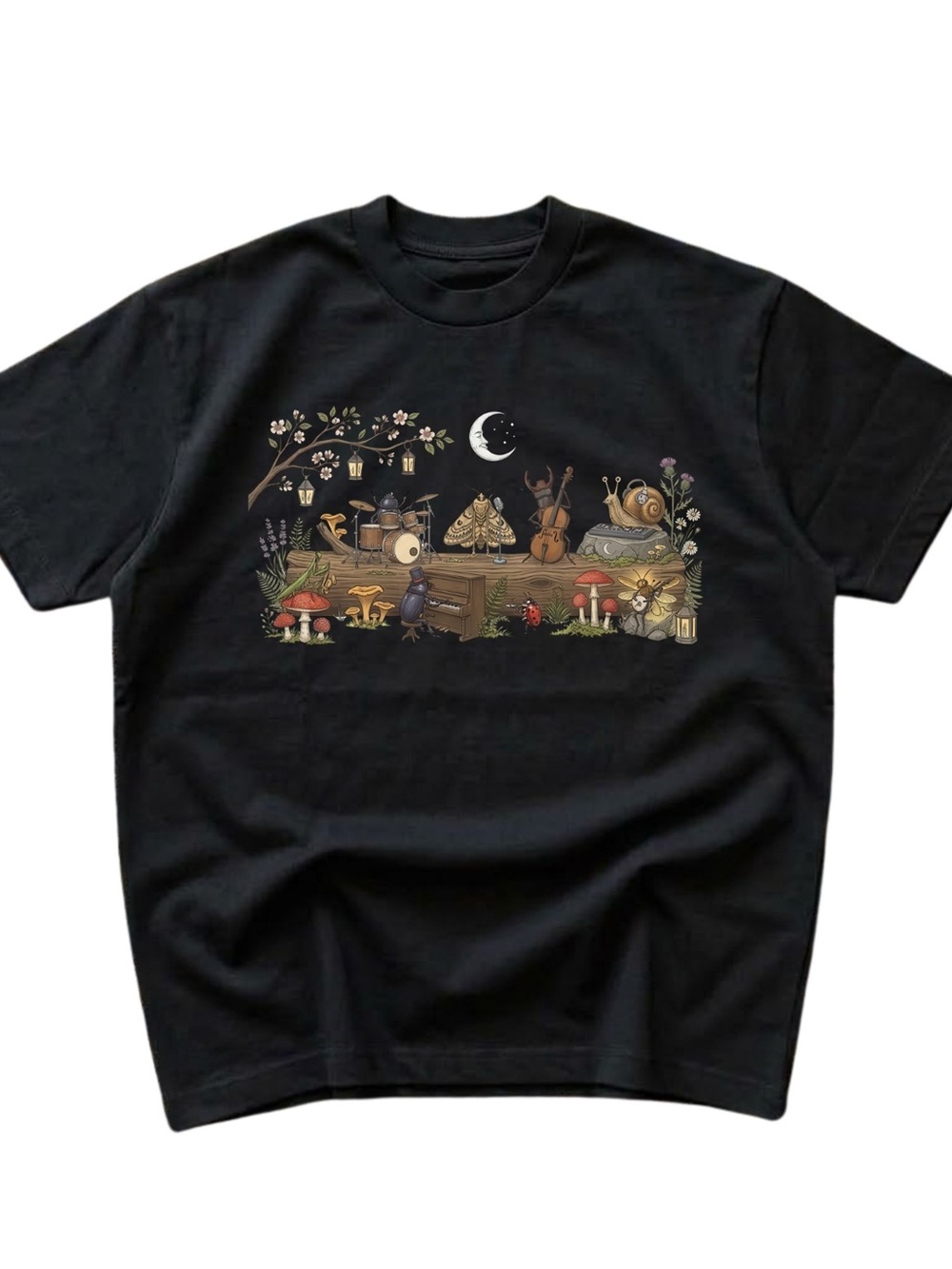 Black Short Sleeve Tee with Woodland Nightband Graphic, Gift For Her, For Him